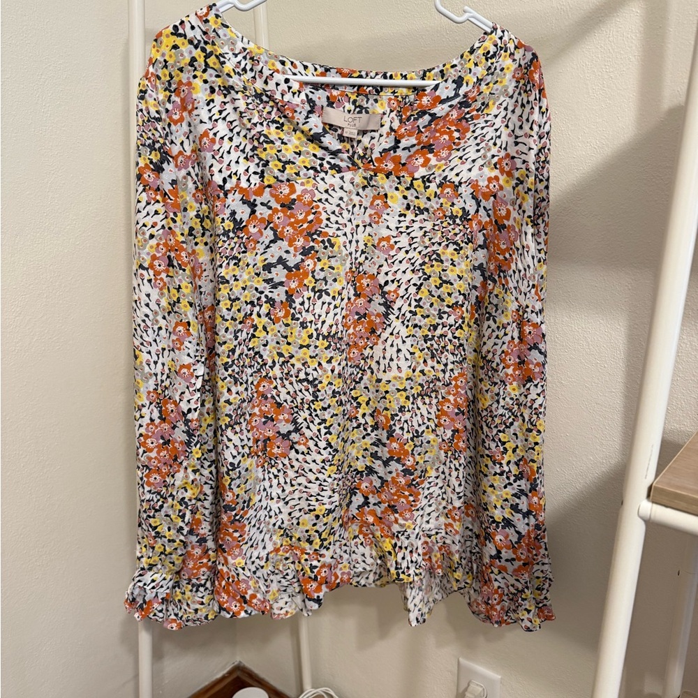 LOFT Floral Print Blouse with Orange and Yellow Accents